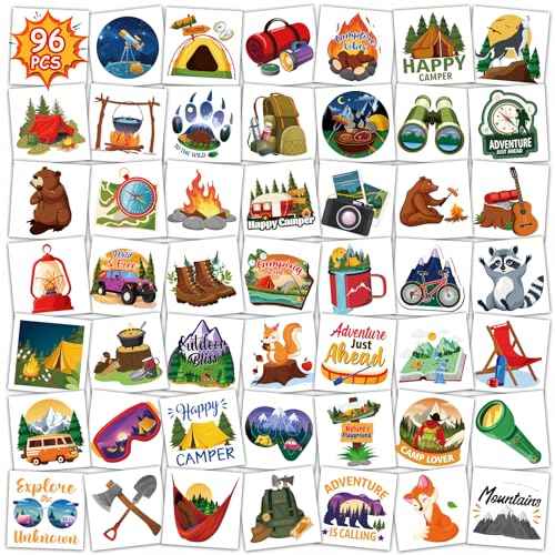 Konsait 96Pcs Camping Temporary Tattoos, Pre-Cut Camping Party Decorations Tattoos Stickers Campings Party Favors, Camp Gifts Camping Fun Stuff Accessories Party Ideas