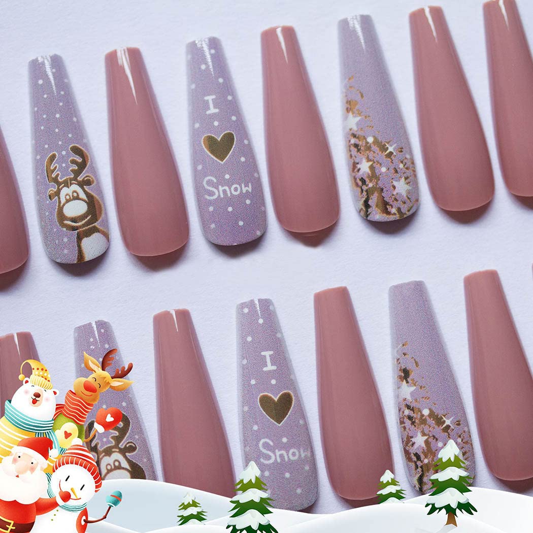 Uranian Coffin Extra Long Press on Nails Snowflake Red Christmas Fake Nails Elk Ballerina Glossy Full Cover False Nails Santa Claus Acrylic Nails Tips for Women and Girls 30 PCS (Pattern-H)