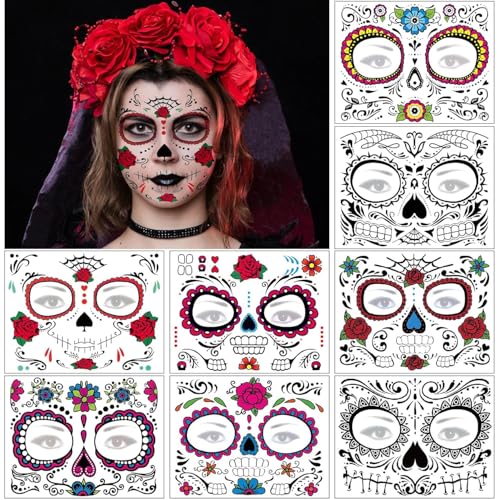 8 Sheets Sugar Skull Temporary Face Tattoos - Day of the Dead