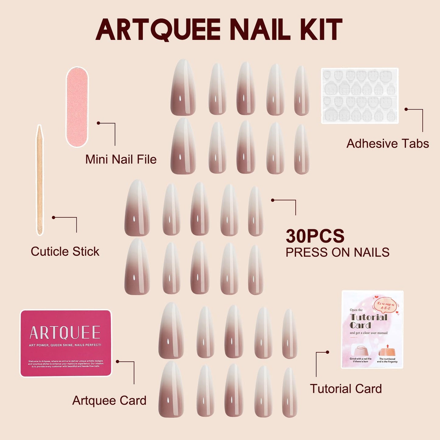 Artquee Ombre Dark Pink Press on Nails Almond Extra Long Fake Nails Stiletto False Nails Art Glossy Artificial Reusable Stick on Nails - 30 Nail Kit