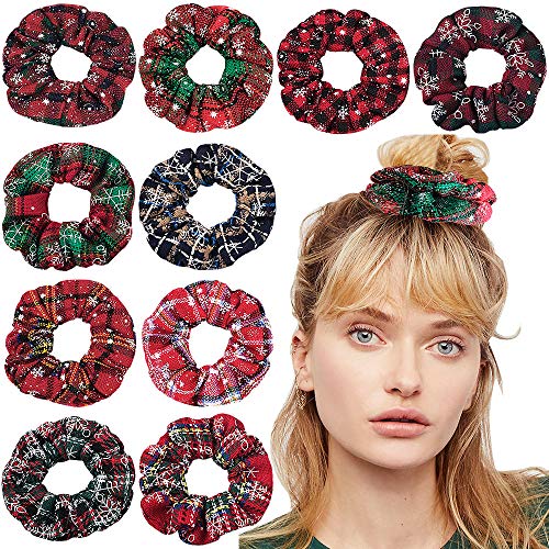 6 Pcs Cute Soft Plaid Elastic Christmas Hair Ties with Holiday Patterns (10 Pieces)