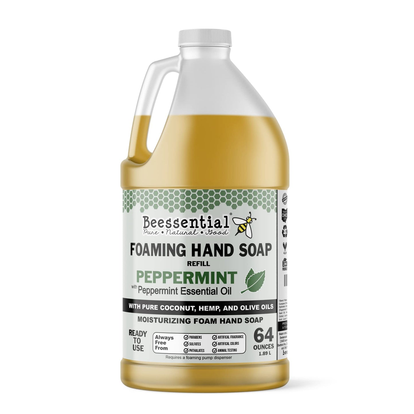 Beessential All Natural Bulk Foaming Hand Soap Refill, 64 oz Peppermint | Made with Moisturizing Aloe & Honey - Made in the USA