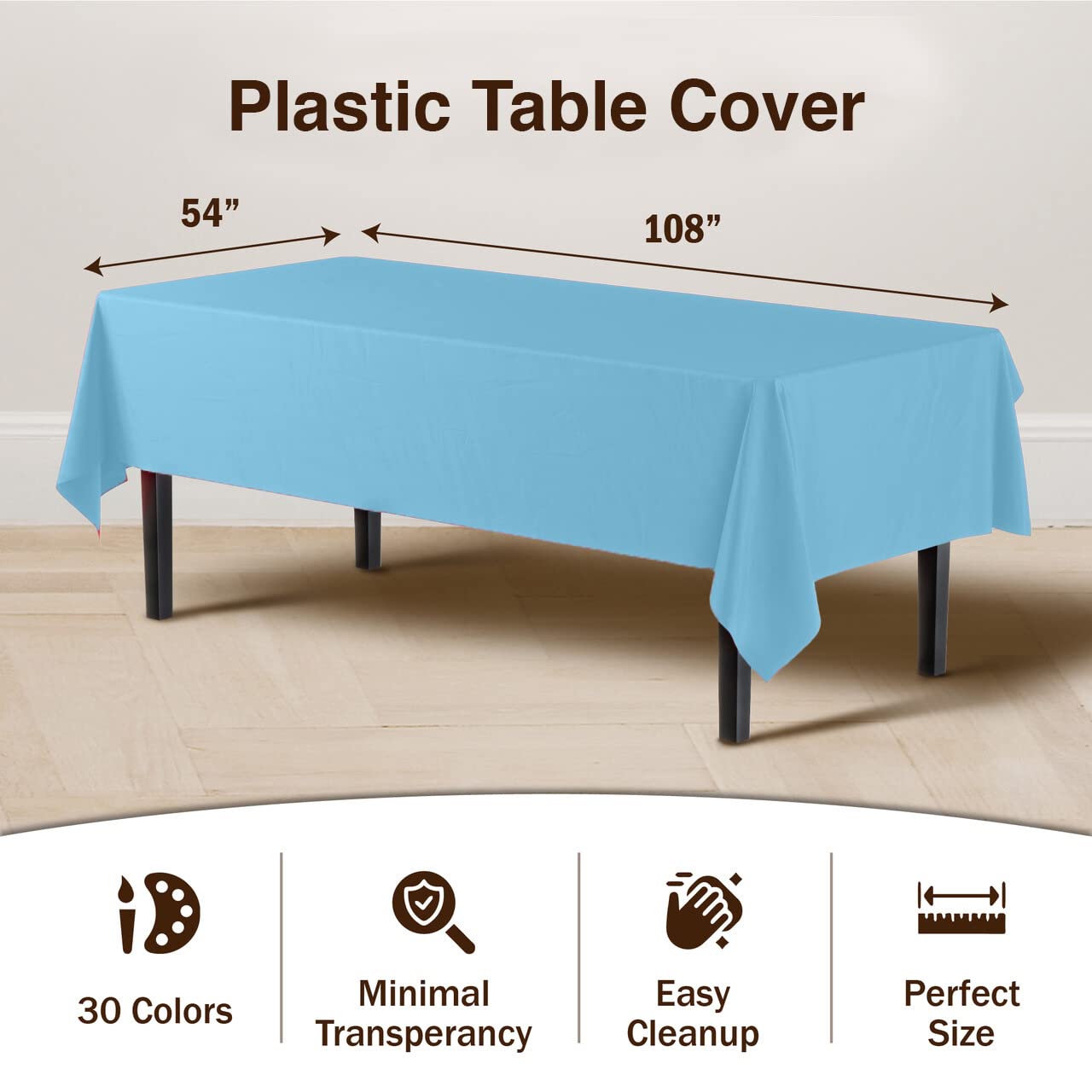 Exquisite 6-Pack Premium Plastic Tablecloth 54in. x 108in. Rectangle Plastic Table Cover - Sky Blue