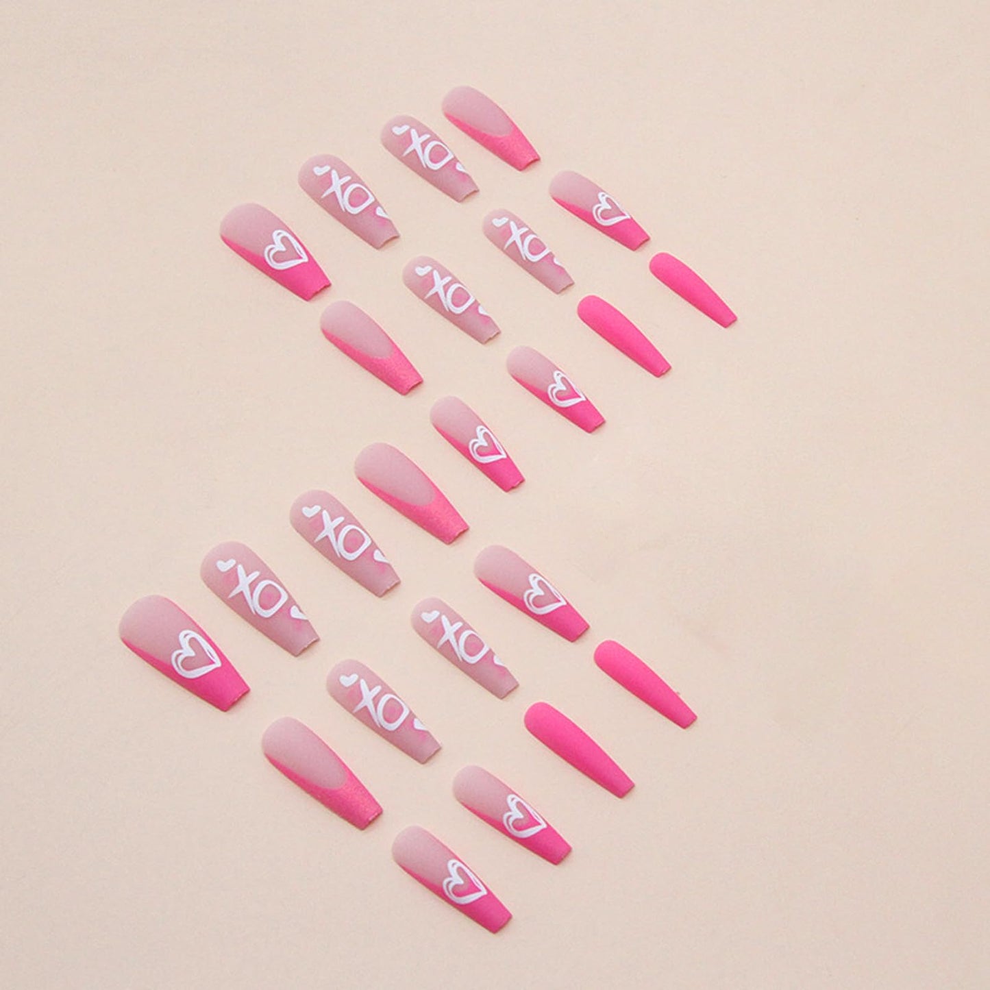 Valentines Nails Press on Nails Long Coffin Fake Nails with Designs French Heart XOXO Glitter Full Cover Acrylic Pink False Nails Square Medium Glue on Nails for Women and Girls Date Night 24Pcs