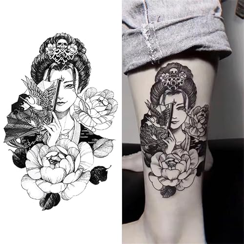 6 Sheets Waterproof Arm Temporary Tattoo Stickers Black Japanese Geisha Women Lady Samurai Fan Sword Crane Flower Fox Keaton Mask