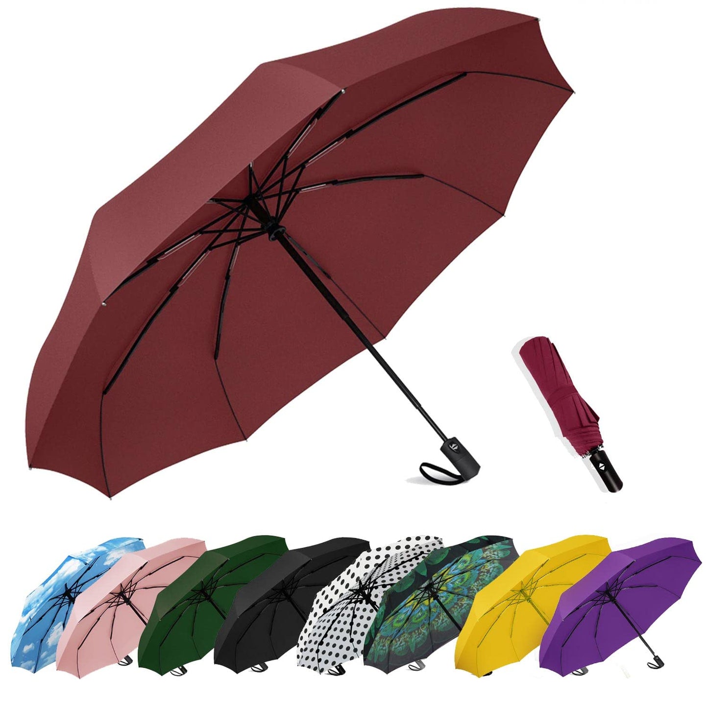 SIEPASA Two Packs Auto Open & Close Small Travel Umbrella Compact for Backpack-Umbrellas for Rain, Lightweight Strong Mini Portable Umbrellas for Men and Women. (Black & Wine Red, 2 Pack)