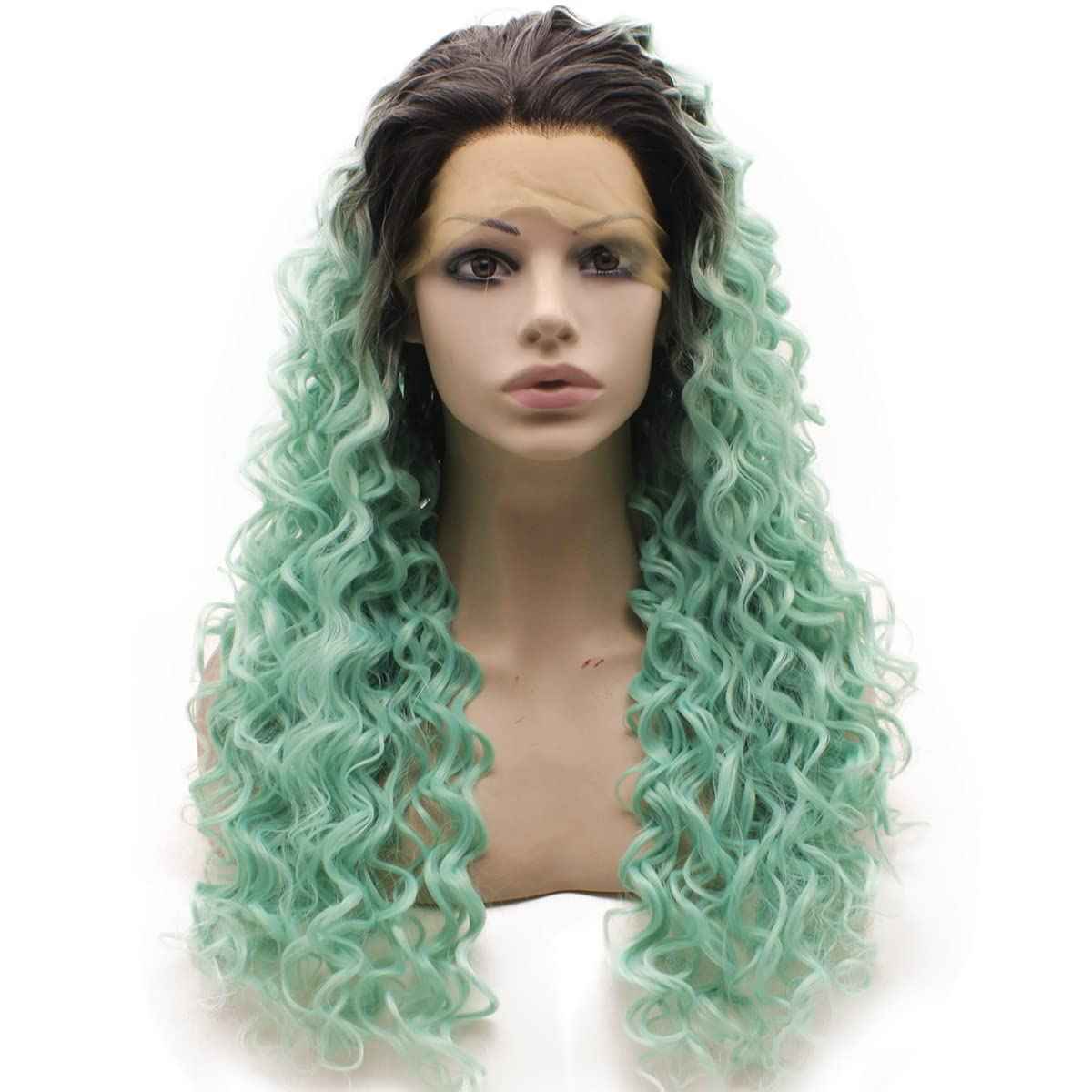 MX angel Long Curly Heat Resistant Synthetic Lace Front Wig (dark root blue)