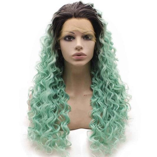 MX angel Long Curly Heat Resistant Synthetic Lace Front Wig (dark root blue)