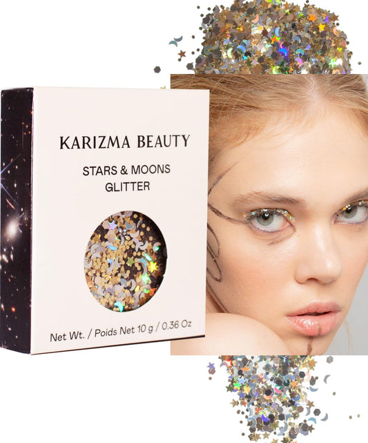 KARIZMA Stars & Moons Body Glitter. 10g Chunky Face Glitter, Hair Glitter, Eye Glitter and Body Glitter for Women. Rave Glitter, Festival Accessories, Cosmetic Glitter Makeup. Loose Glitter Set