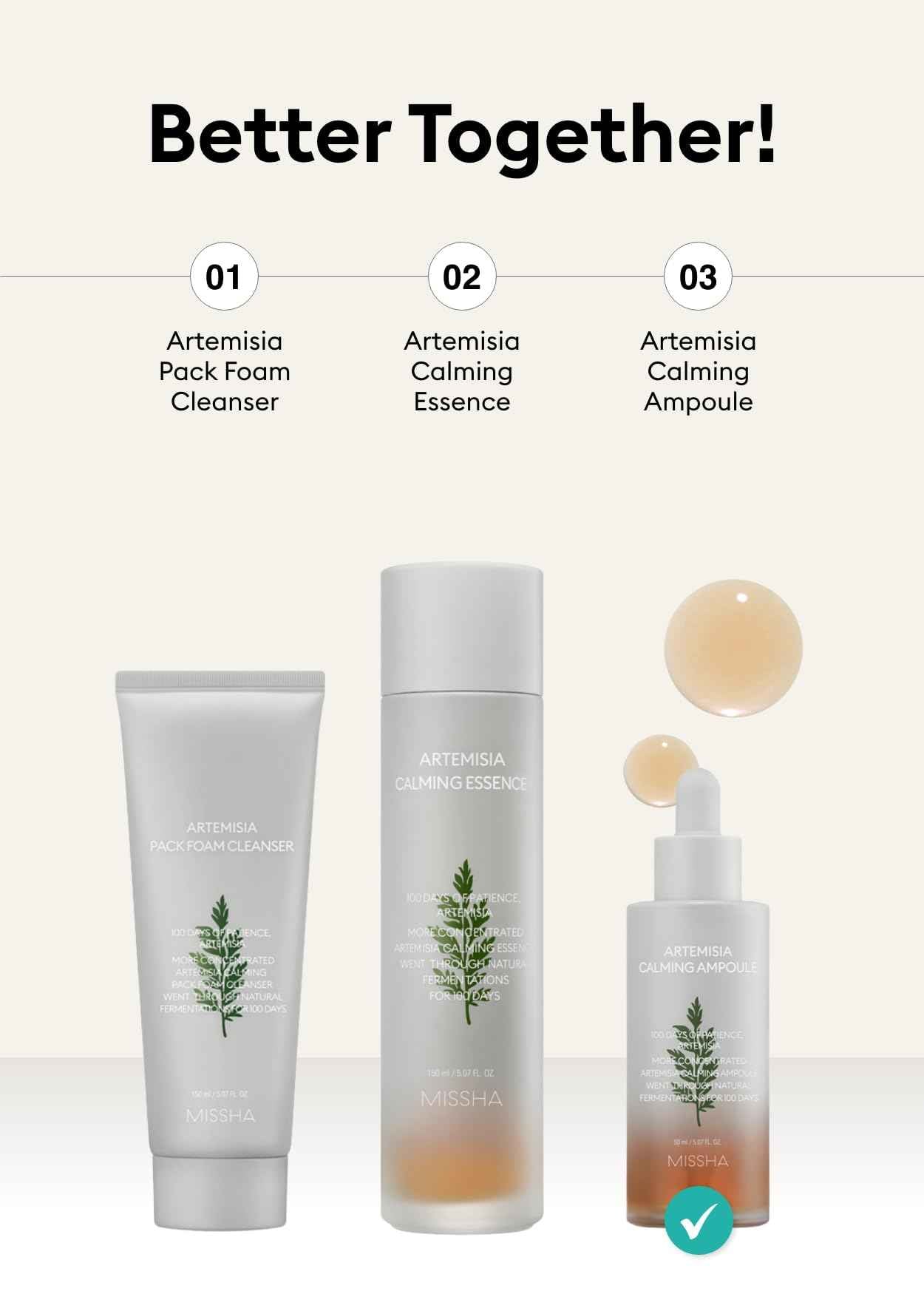 MISSHA Artemisia Calming Ampoule 1.69 Fl oz / 50ml - Face Serum for Sensitive Skin, Korean Skin Care with Double-Fermented Mugwort Extract, Soothes Redness, Acne & Irritation