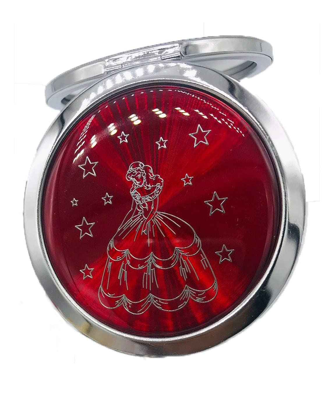 12PCS Quinceanera Compact Round Hand Mirror Sweet 15 design with Organza Gift Bag Girl (Red / Silver)