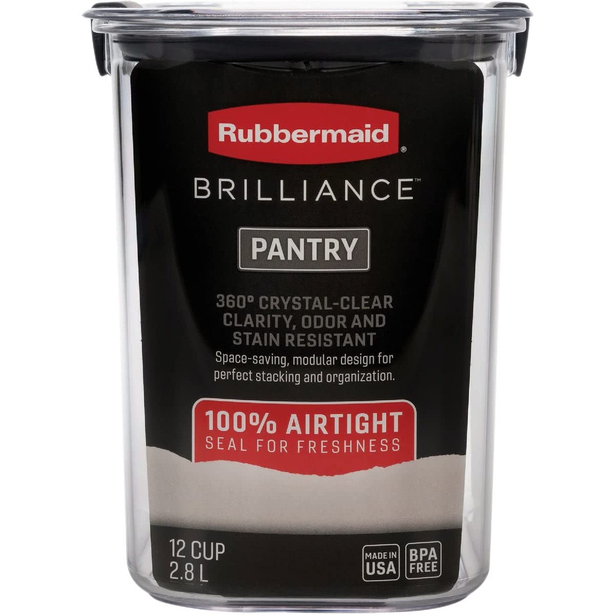 Rubbermaid Brilliance 12-Cup Airtight Food Storage Container, Perfect for Pantry Staples, Clear/Grey