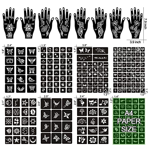 16 Sheets Henna Tattoo Stencils Kit Reusable for Women Girls and Kids,150+ PCS Temporary Indian Arabian Glitter Airbrush Tattoo Stencils for Face Body Paint DIY