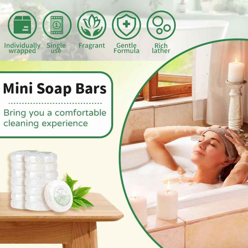 RAQEHO 120 Mini Bar Soap Bulk - Travel Soap Individually Wrapped Body Bath Gentle Soap Bars Men Women Travel Size Toiletries for Homeless Hotel Essentials for Guest Bathroom Airbnb（Green Tea）