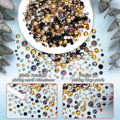 2 Boxes Gold Black Flatback Pearls and Resin Rhinestones for Crafting, 3-6 mm Jelly Rhinestones, Mixed Size Half Pearl Bedazzling Gems for Nail DIY Crafts Mugs Bottles Tumblers Clothes Makeup