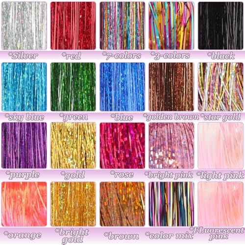 Hair Tinsel kit 20 Colors with Tools, 50 Inch Fairy Hair Tinsel Kit Extensions, 8600 Heat Resistant Holographic Glitter Strands Sparkle Party Halloween Cosplay Hair Accessories for Girls (20 Colors)