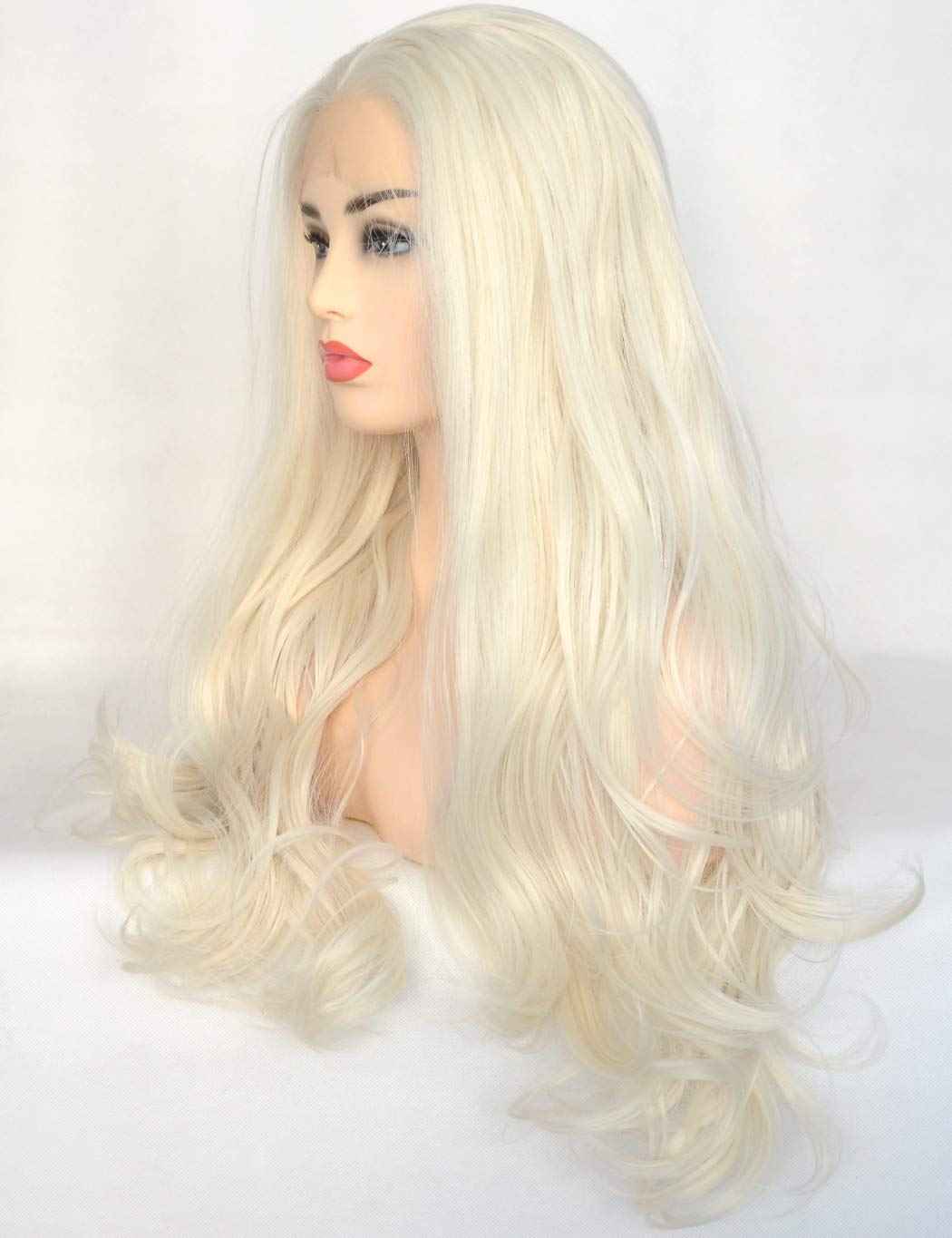 BLUPLE Platinum Blonde 13x3.5 Lace Front Wig Long Natural Wavy 60# Blonde Heat Resistant Synthetic Hair Replacement Full Wigs Middle Part for Women 22 Inch