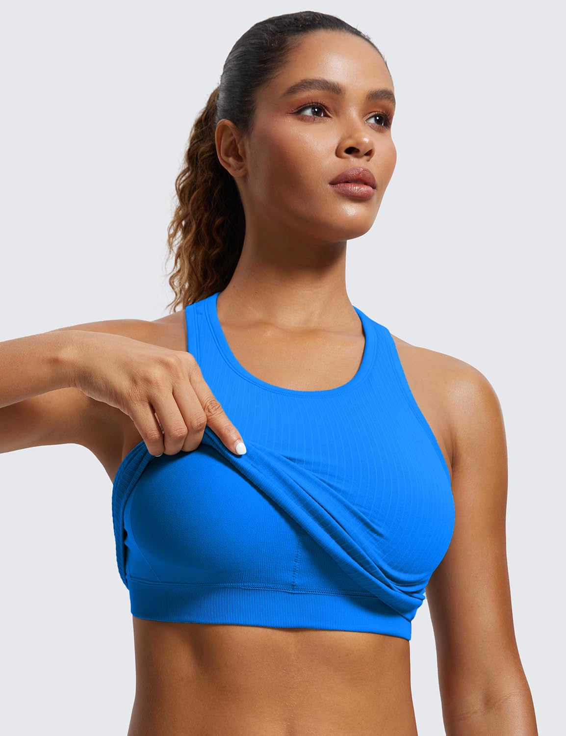 CRZ YOGA Womens Seamless Ribbed Longline High Neck Sports Bra - Racerback Padded Slim Fit Crop Tank Top with Built in Bra Sparkle Blue XX-Small