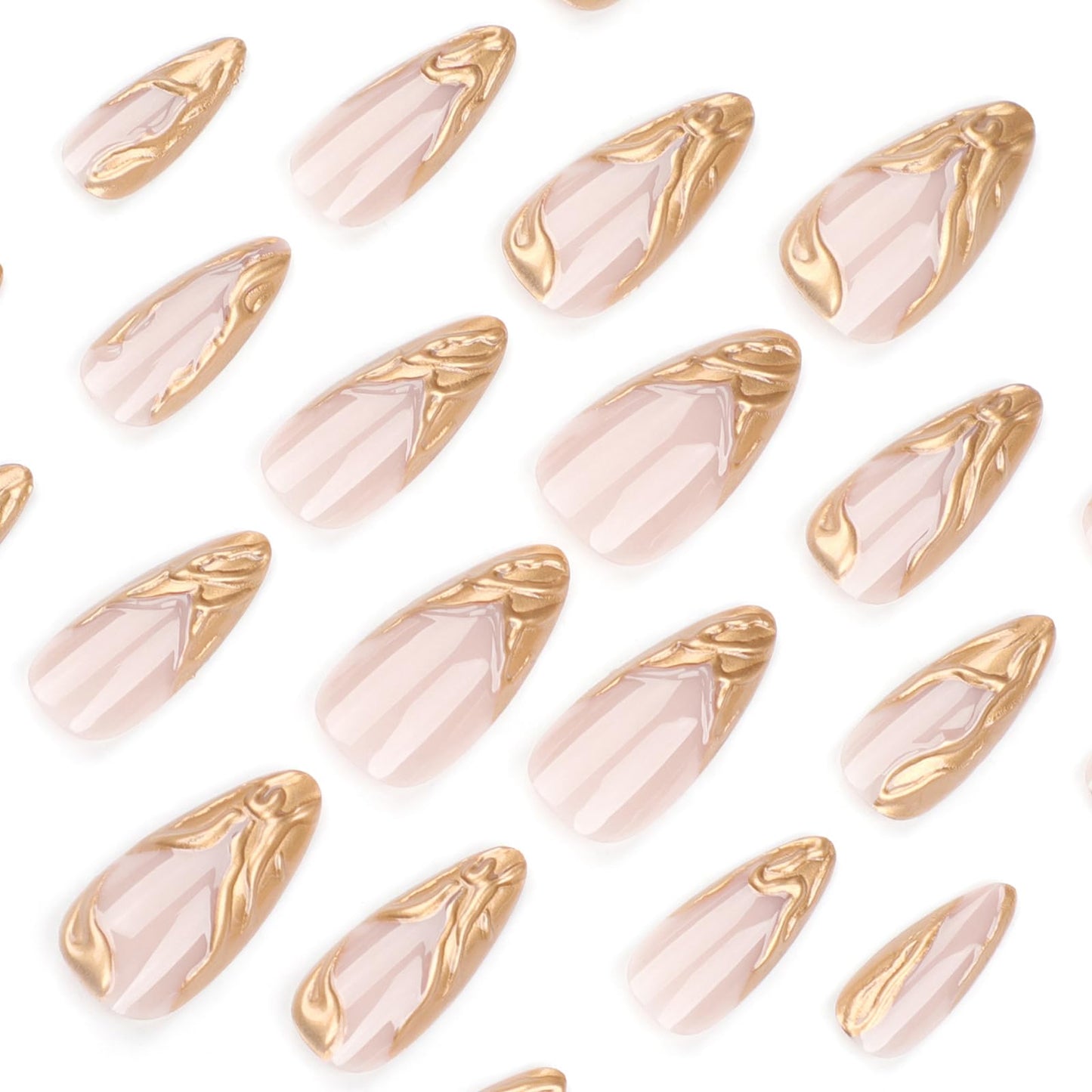 24Pcs Gold Press on Nails French Fake Nails Medium Almond False Nails with Wave Design Shiny Acrylic Nails Stick on Nails for Women Girls Reusable Artificial Nails Full Cover Glossy False Nails