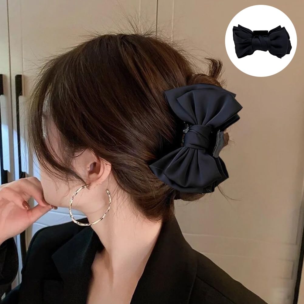 4 PACK Large Black Satin Nonslip Bow Claw Hair Accessories for Women