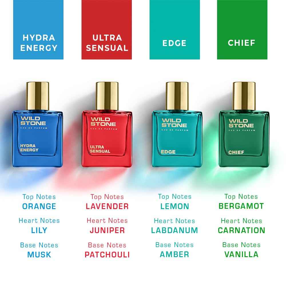 Wild Stone Men’s 4-Pack Eau de Parfum Gift Set (4 × 1 oz / 30 ml) — Edge, Ultra Sensual, Hydra Energy & Chief — Long-Lasting Masculine Fragrances