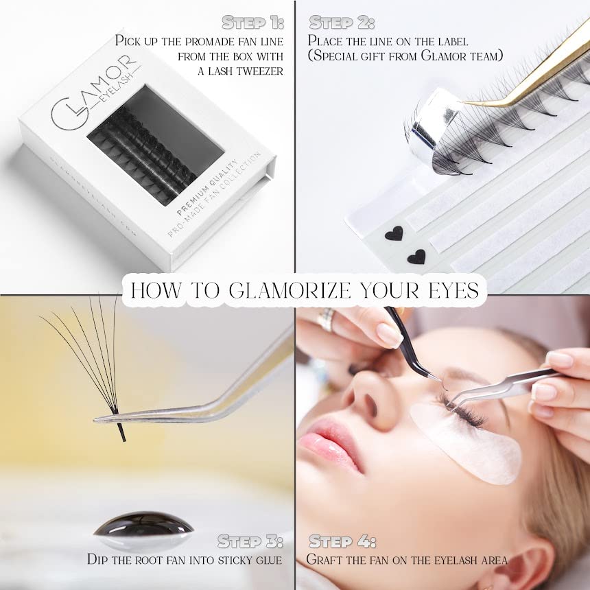 GLAMOREYELASH 1000 Ultra Speed Narrow Promade Fans | Natural Eyelash Extension 3D~16D | Handmade Individual Lashes Extension with 0.03/0.05/0.07mm Thickness of Mink Lashes | C CC D Curl for Cat Eye Lashes | 8 - 17mm Length for Fluffy Eyelash Cluster(10D-0