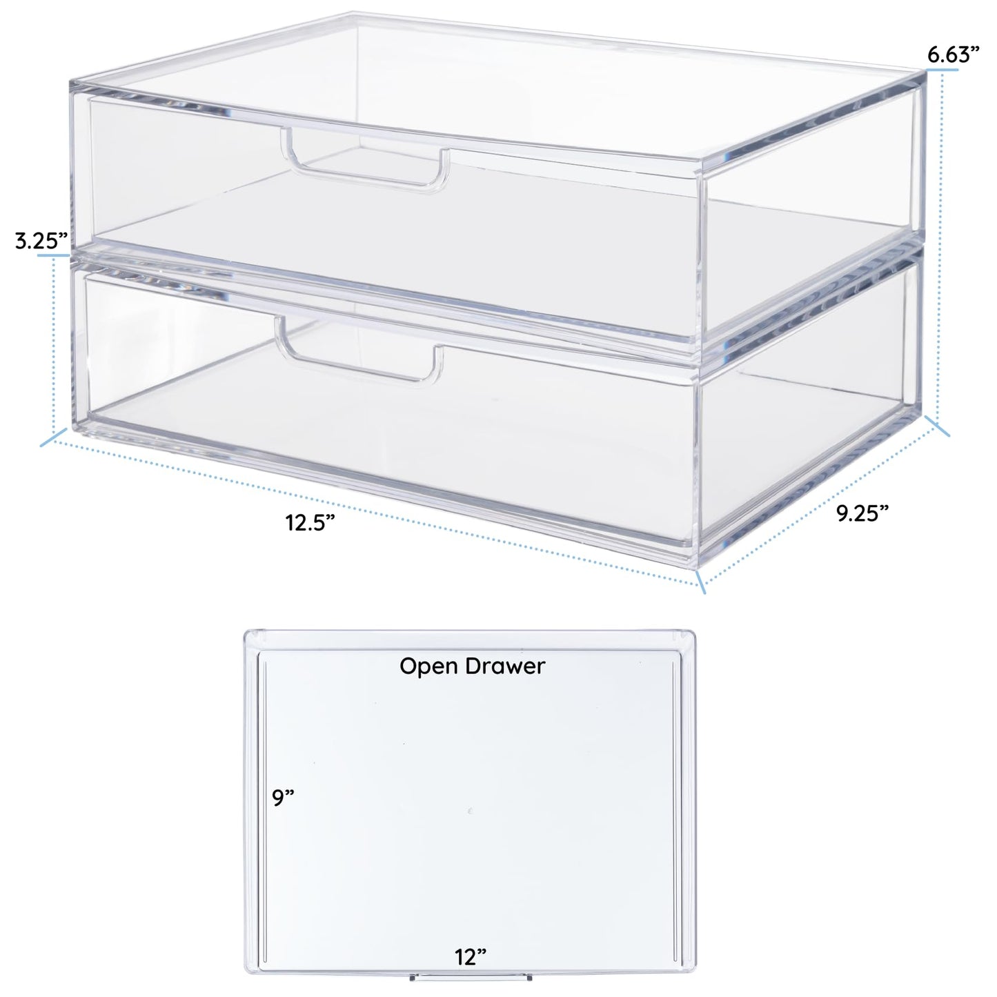 STORi Sofia 12.5” Wide Clear Stackable Open Storage Drawers, 2 Pack Plastic Organizer Bins for Makeup Palettes, Cosmetics, and Beauty Supplies, For Vanity, Bathroom, Desk Organization, Made in USA