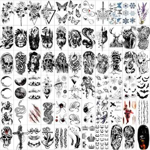 82 Sheets Temporary Tattoo for Men Women Adults, Include 12 Sheets Black 3D Half Sleeve Temporary Tattoos, Halloween Tattoos Scary Lion Wolf Tiger Skull Skeleton Tattoos Stickers