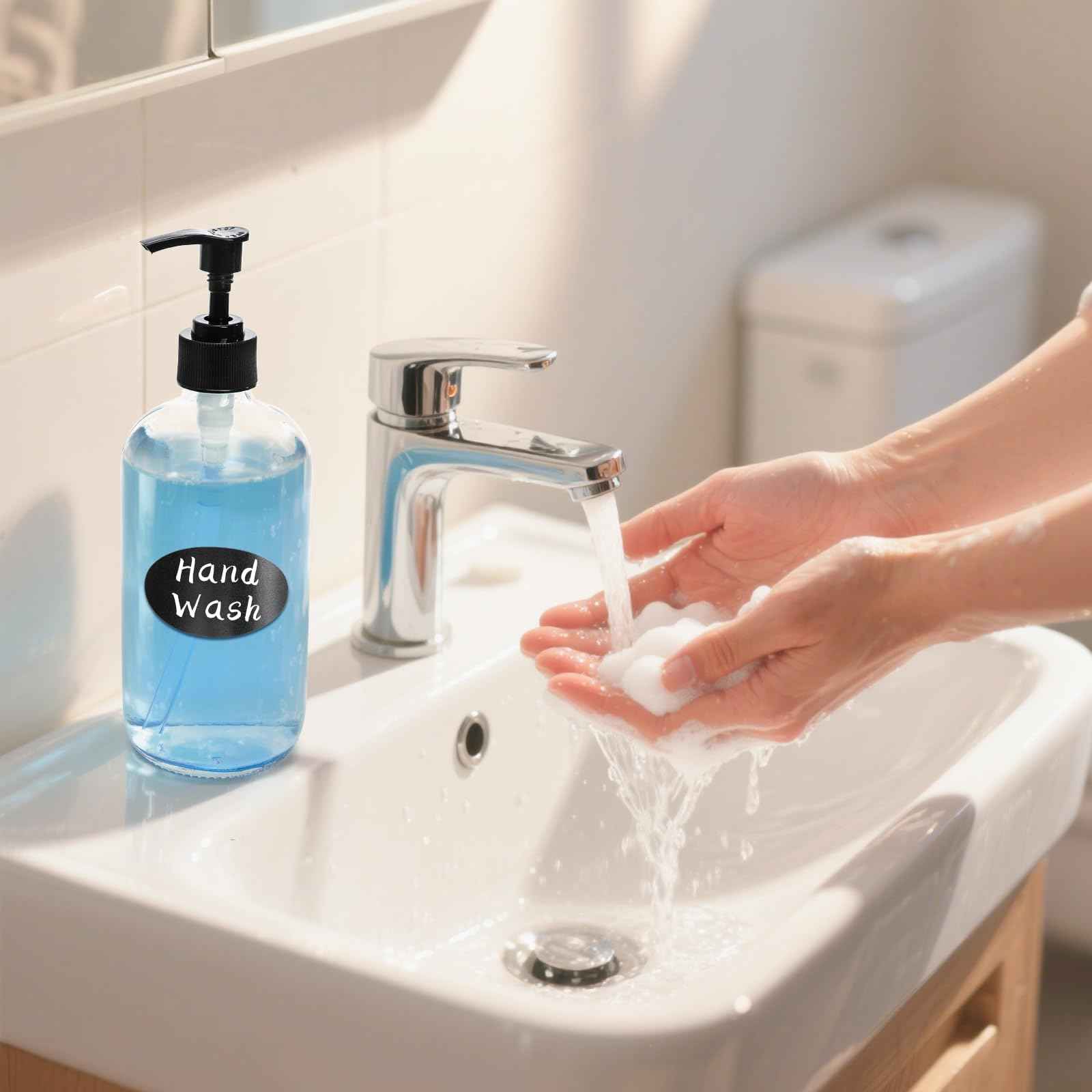 Yarlung 4 Pack 16 Oz Glass Pump Bottles, Clear Soap Dispenser with Pump Glass Empty Refillable Containers for Lotions, Shampoo, Body Wash, Liquid Soap, 4 Black Caps 6 Labels