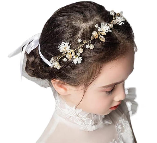 Flower Girl Headpiece Princess Crystal Wedding Headband Baby Girls Flower Crown Pearl Hair Accessories for Birthday Party (gold 2)