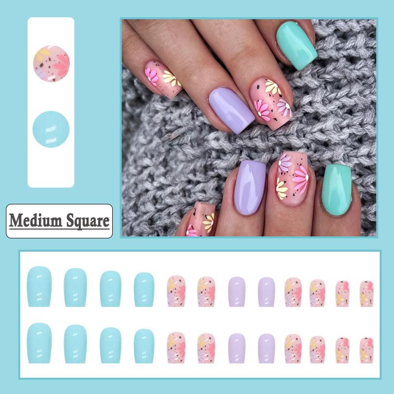 BAOYAALIN Press on Nails Short Medium Square Fake Nails with Exquisite Daisy Flower Design, Press ons Artificial Acrylic Full Cover False Stick on Nail for Women Girls Daily Wear Wedding 24Pcs