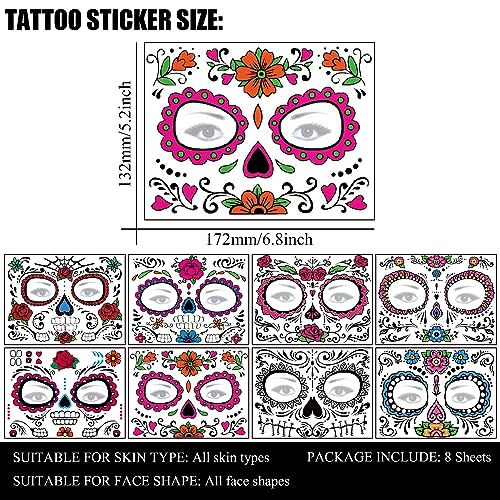 Day of the Dead Face Tattoos - 8 Sheets Sugar Skull Halloween Temporary Tattoo Kit