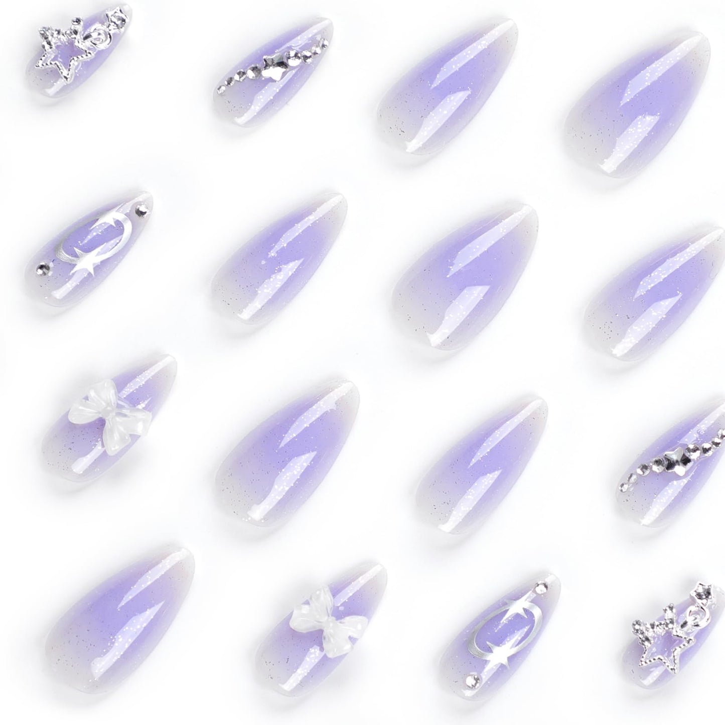 Purple Almond Press on Nails Medium, 3D Bow Star Nail Charms Fake Nails Bling Rhinestone Stick on Nails False Nails Glitter Acrylic Nails Summer Manicure for Women and Girls, 24PCS