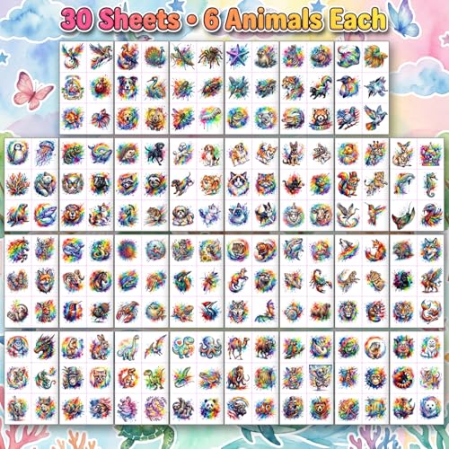 180 Pc Watercolor Animal Temporary Tattoos for Kids