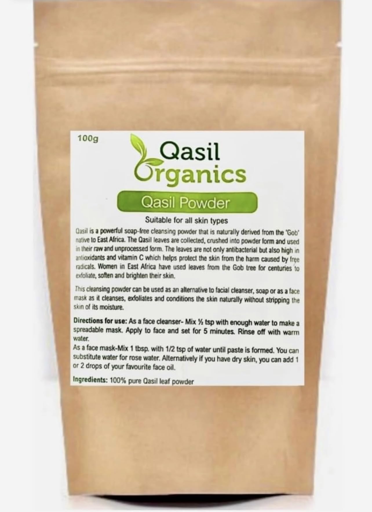 Qasil Organics – 100% Pure Qasil Leaf Powder – Deep Pore Cleansing Facial & Body Mask– Clears Blemishes, Blackheads and Clogged Pores for Clear Skin - 3.5 oz