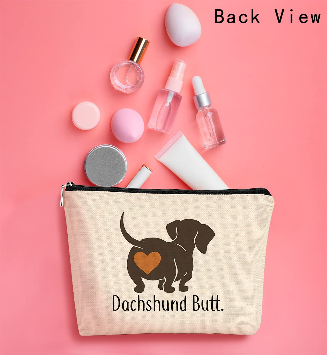 BARPERY Funny Dachshund Makeup Bag,Guess What It's Pug Butt Cartoon Cute Sausage Dog Puppy Cosmetic Bag Best Gift Idea for Dog Loves,Birthday for Dachshund Mom Girls Women， Teen Girls Daughter