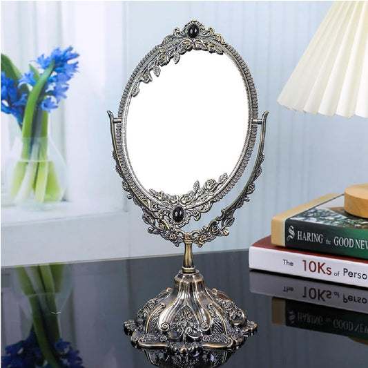 Guppy 15 inch Metal Vintage Makeup Mirror, Tabletop Oval Cosmetic Mirror, Vintage Swivel Double Sided Cosmetic Mirror with Embossed Frame Stand Base, Retro Mirror for Dresser Gift-Antique Bronze