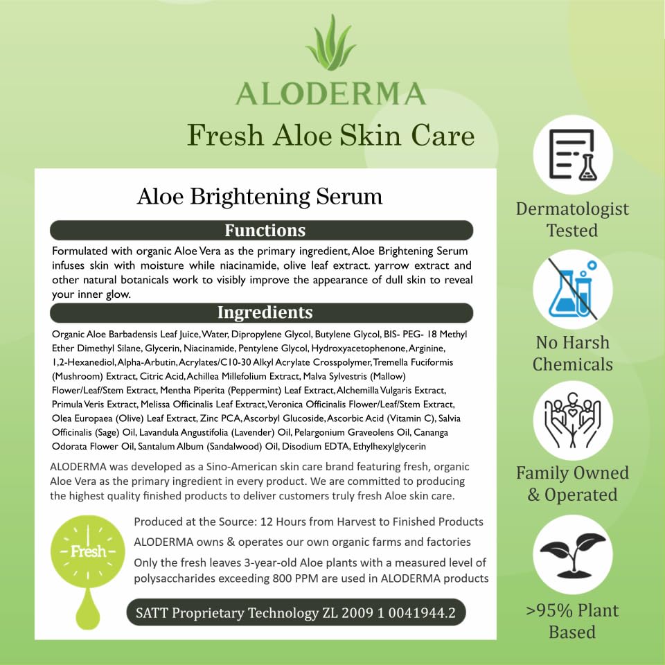 Aloderma Skin Brightening Serum for Face with 65% Organic Aloe Vera - Face Serum with Niacinamide, Vitamin C for Skin Lightening - Aloe Vera Serum to Hydrate & Revitalize Dull, Tired Skin, 1.7oz