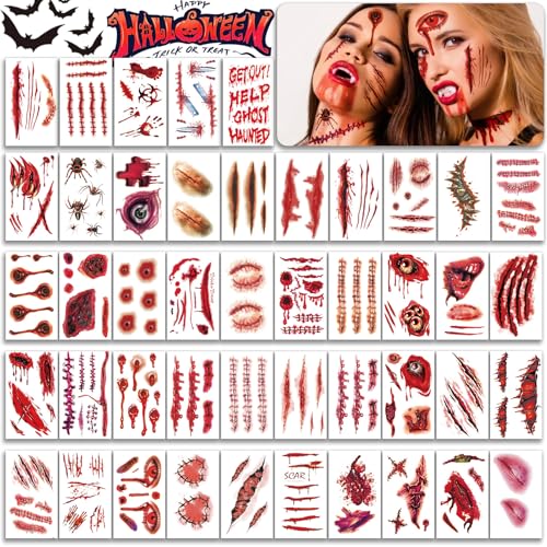275Pcs 45sheets Fake Scars Tattoos - Temporary for Halloween 3D Wound Blood Cuts Tattoos Temporary Realistic Stitch Zombie Face Stickers Makeup Make Up for Adults Cosplay Masquerade Prank Party