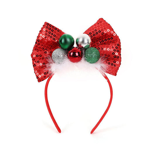 Christmas Headbands 1Pcs Christmas Red Sequin Bow Hair Hoop Holiday Headbands Cute Big Bows Hair Band with Christmas Balls Designs Christmas Hair Accessories for Women Girls Xmas Holiday Decoration