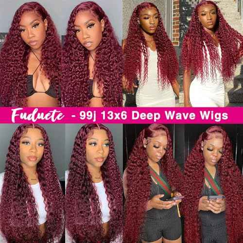 99J Burgundy Deep Wave 13x6 Lace Front Wigs Human Hair 200% Density Lace Frontal Wigs Human Hair Pre Plucked 99j Burgundy Deep Curly Wave HD Lace Front Wigs for Women (24Inch)