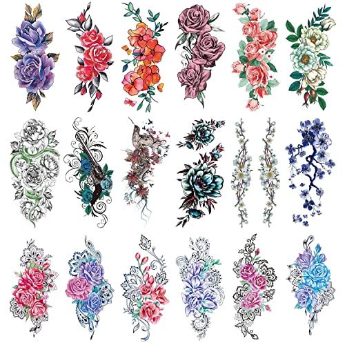 Temporary Floral Tattoos for Women - Waterproof 3D Body Art 18-Pack