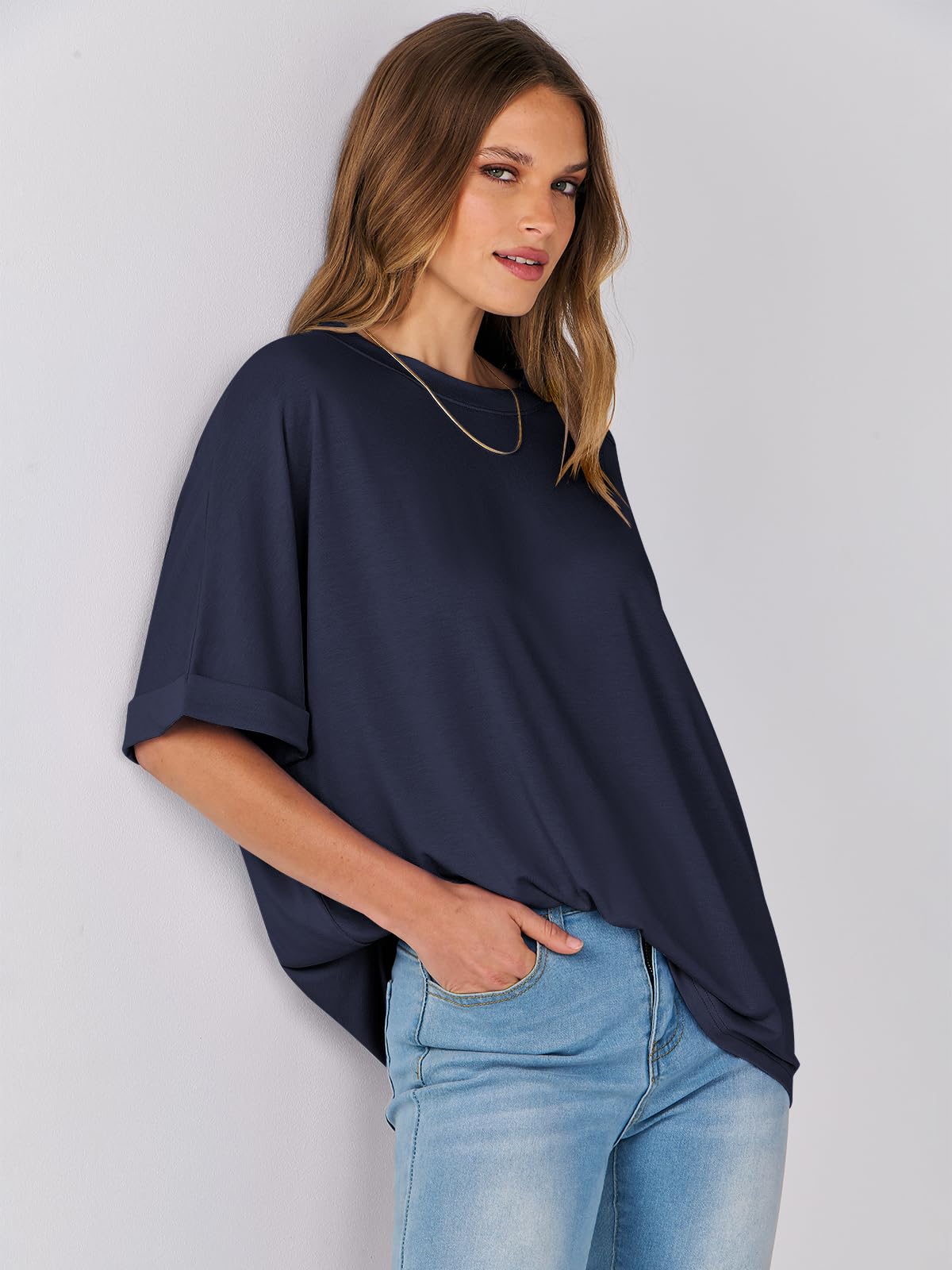 ANRABESS Women's Oversized T Shirts Short Sleeve Crewneck Summer Tops Casual Loose Basic Tee Shirts 2024 Trendy Clothes Navy Blue Large