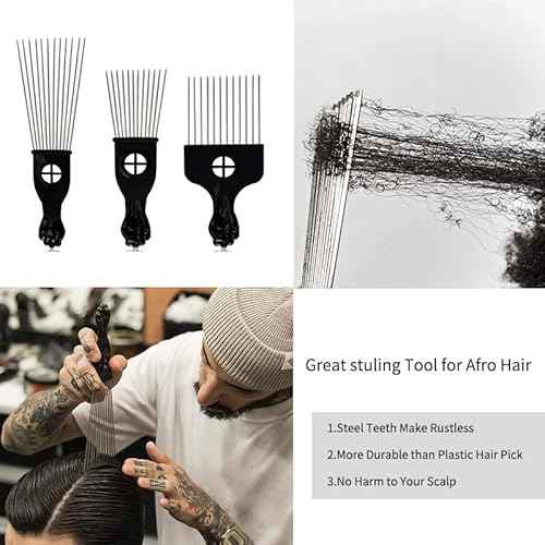 Black Metal Afro Pick Combs for Curly Hair - Detangle & Style Comb for Women and Men, Durable Plastic & Metal, Fist Design for Hair Styling, Perfect for Wigs (3 Pack Hair Comb, Count, 3)
