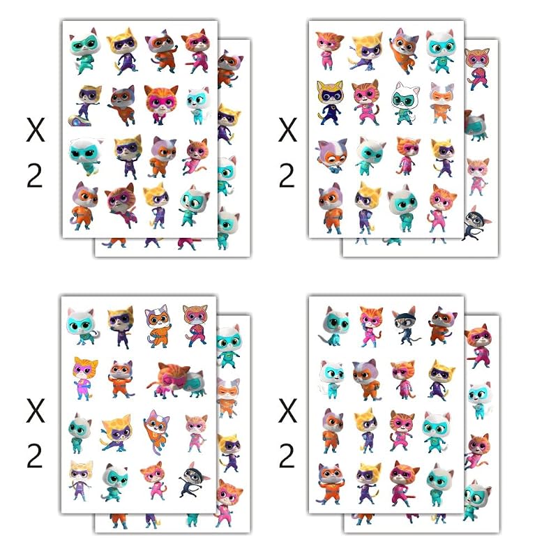 Super Cats Temporary Tattoos for Kids - 8 Sheet Set
