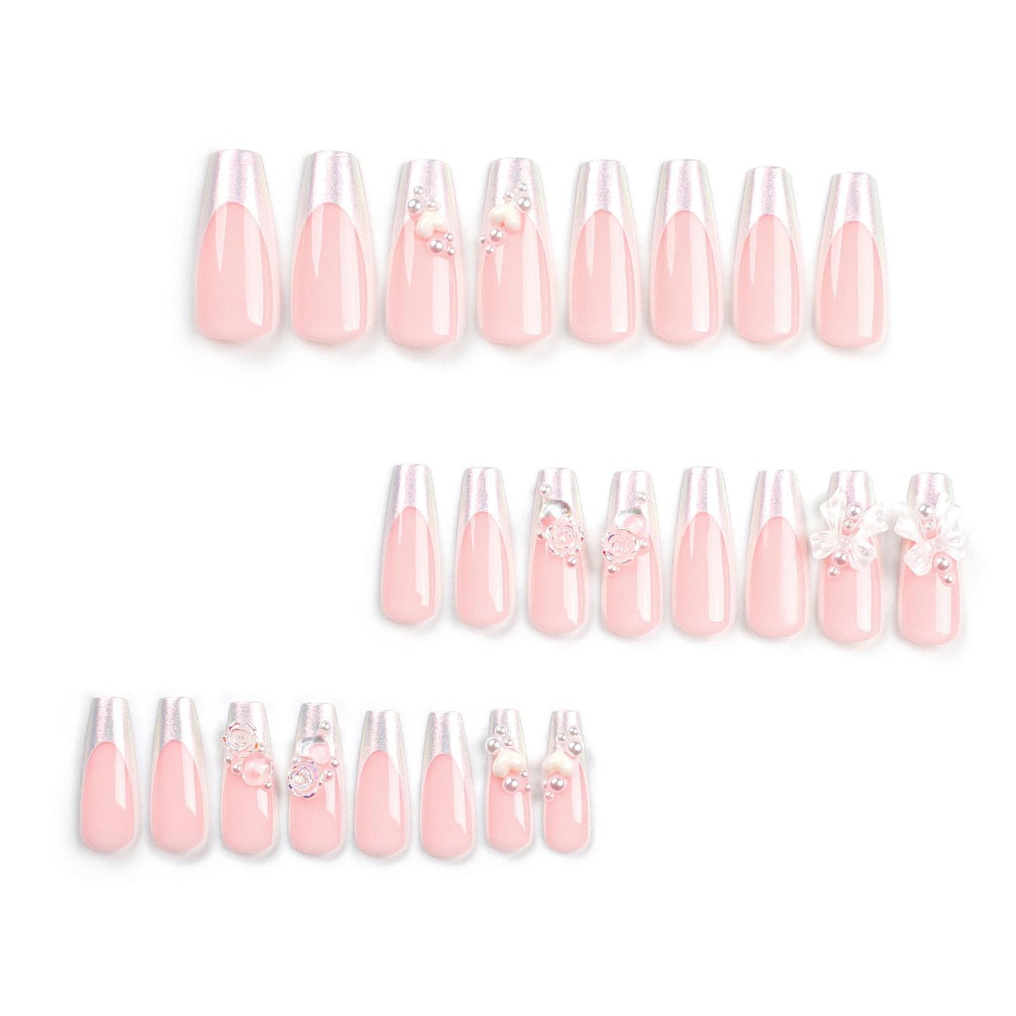 White French Tip Press on Nails Long Coffin, Bow & Pearls Fake Nails Light Pink Full Cover Acrylic Nails Heart & Camelia Glue on Nails Luxury Glossy Stick on Nails for Women 24Pcs