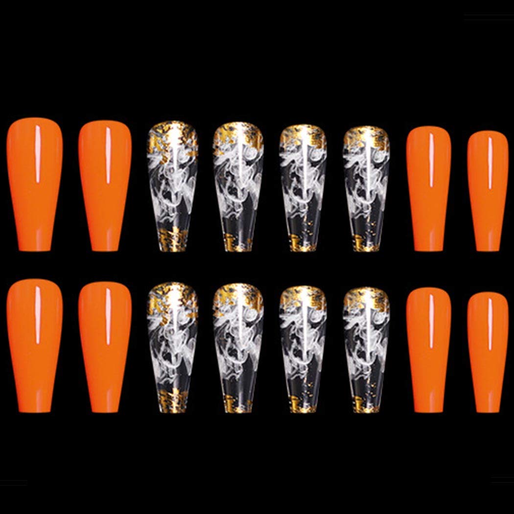 Outyua Glossy Smoke Pattern Fake Nails Coffin Extra Long Press on Nails with Design Ballerina Acrylic Cute False Nails 24Pcs (Orange)