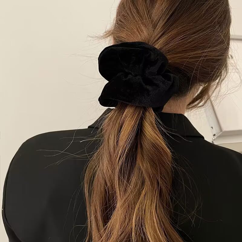 TUCEWP Velvet Scrunchies for Women Girls 4Pcs Large Brown Black Scrunchies Long Thick Curly Hair Soft Hair Bands Neutral Scrunchies Cute Ponytail Holders No Damage Elastic Hair Ties Hair Accessories