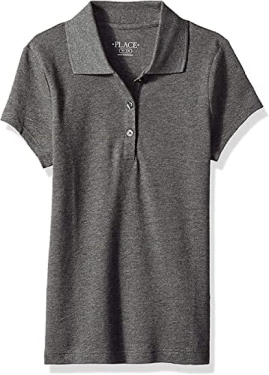 The Children's Place Girls' Short Sleeve Pique Polo, Dark Heather Grey, X-Small