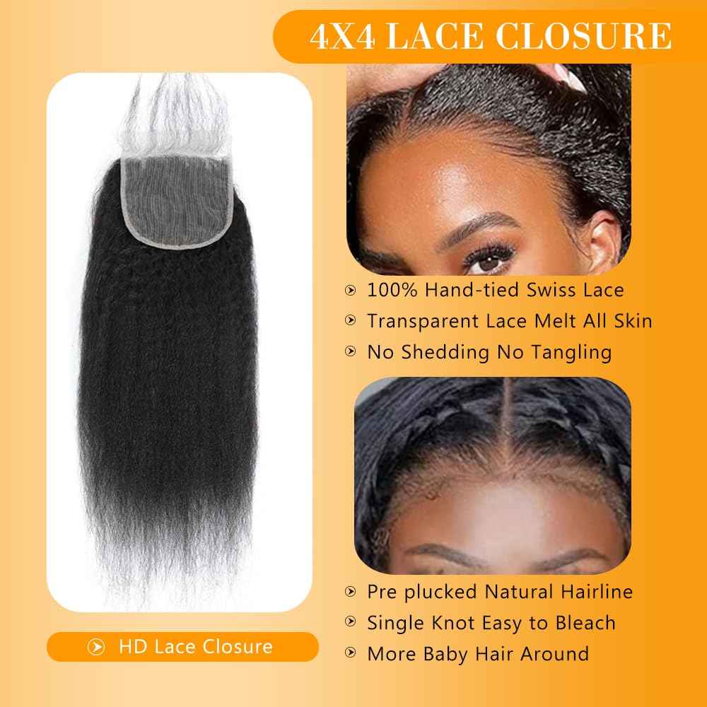 QTHAIR 16A Kinky Straight Lace Closure (16inch) 4x4 Free Part 150% Density Top Swiss Lace Natural Kinky Straight Human Hair Closure with Baby Hair